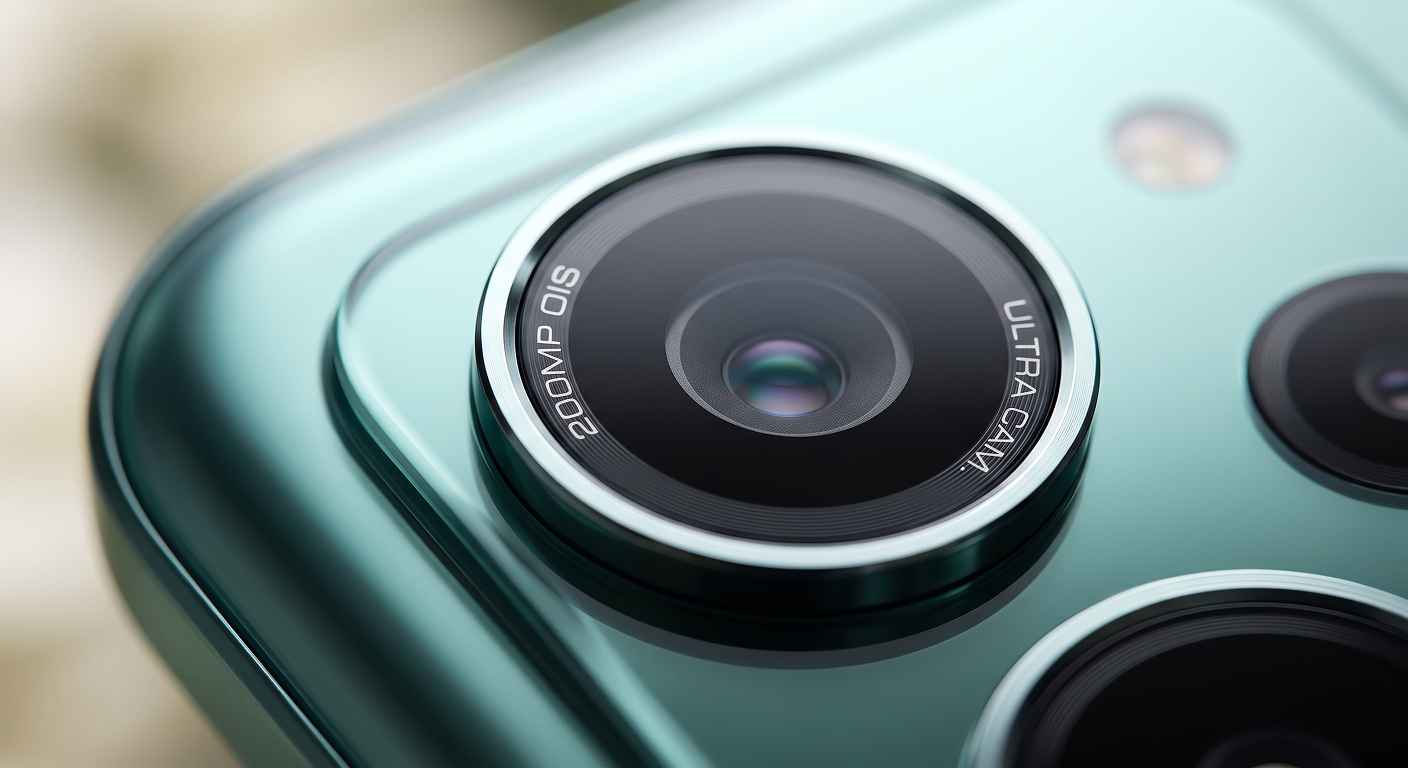 Extreme close up of the 200MP Optical Image Stabilization camera lens on the Redmi smartphone